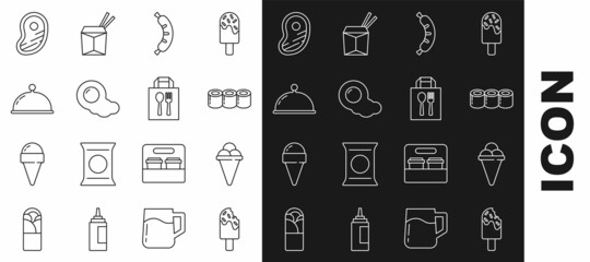 Set line Ice cream, in waffle cone, Sushi, Hotdog, Scrambled eggs, Covered with tray, Steak meat and Online ordering and delivery icon. Vector