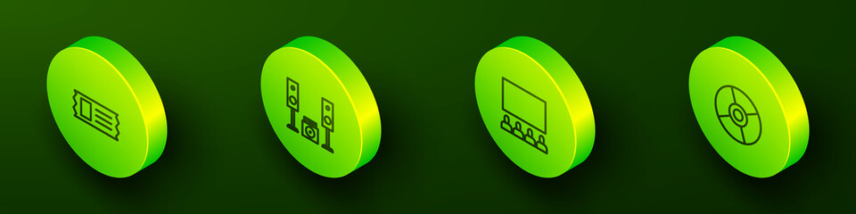 Set Isometric line Cinema ticket, Home stereo with two speakers, auditorium screen and CD DVD disk icon. Vector