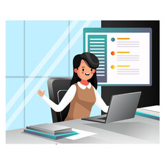 Young Beautiful Woman Using Laptop with cheerful mood in the office . Vector illustration.