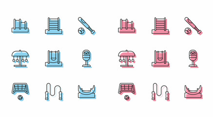 Set line Soccer goal with ball, Jump rope, Horizontal bar, Boat swing, Swing, Trash can, Attraction carousel and Swedish wall icon. Vector