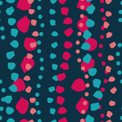 Fototapeta na wymiar Stripes and strings of Petals and Dots of Red Pink Teal on a Dark Green background 