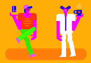 Vector illustration of male and female minimalist futuristic flat characters in the cafe. Man showing his credit card, woman carries a cup of coffee. Orange background