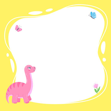 Cute dinosaur with a blot frame in hand-drawn cartoon style. Vector illustration of funny colorful character. Template for text or photo. Can be used for postcards, invitations, kindergarten