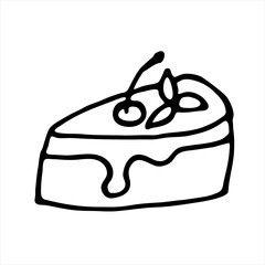 A hand-drawn  illustration of a piece of cake with a cherry. Doodle style. Cake with cream and cherries. Dessert for the holiday.
