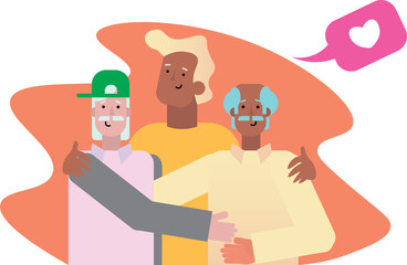 Portrait of happy LGBTQ+ family hugging each other. Adult man embracing mature gay parents or grandparents isolated on white background. Parents with child. Vector illustration in flat style.