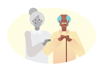  illustration of mature couple male and female in an oval frame. Woman depicted black and white, as deceased.  Death of husband's wife, widower, divorce concept.