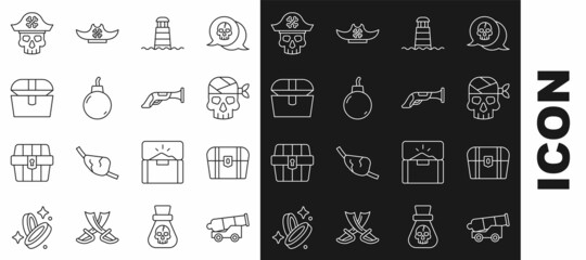 Set line Cannon, Antique treasure chest, Pirate captain, Lighthouse, Bomb ready to explode, and Vintage pistol icon. Vector