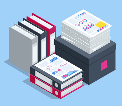 Marketing data analysis. Isometric office document folders. Routine, bureaucracy, big data, paperwork, office. Bureaucracy. Data Analysis, Business Statistic, Management, Consulting, Marketing