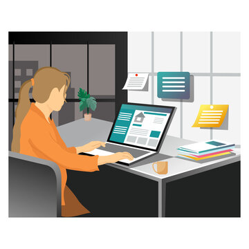 Woman sitting at the table and working on the laptop at office.  Vector cartoon illustration.