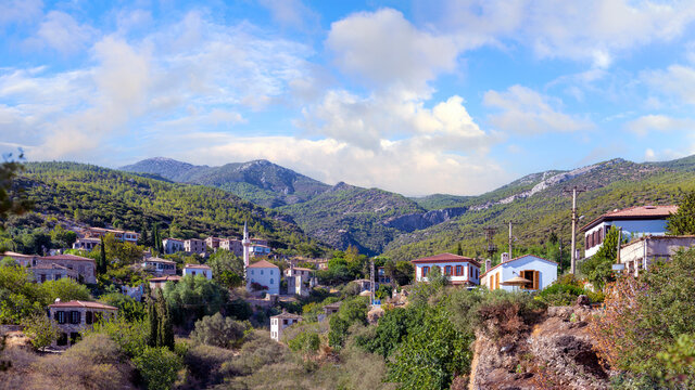 General view of Doganbey village, with its natural beauties famous for its historical and nostalgic stone houses. Soke, Aydin, Turkey.