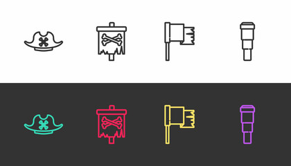 Set line Pirate hat, flag, and Spyglass telescope lens on black and white. Vector