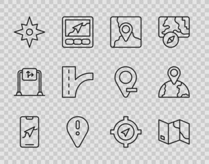 Set line City map navigation, Folded, with location marker, Location exclamation, Wind rose, Road traffic sign, Compass and the globe icon. Vector