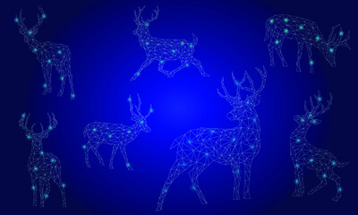 Low poly vector animals set: stylized linear wire construction. Abstract polygonal geometric christmas deers illustration. Vector low poly shiny neon deers on a blue background. Christmas elements
