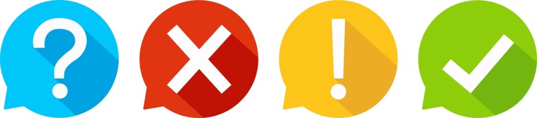 Set of round marks, cross, exclamation and question point, checkmark icons, buttons on white background.	
