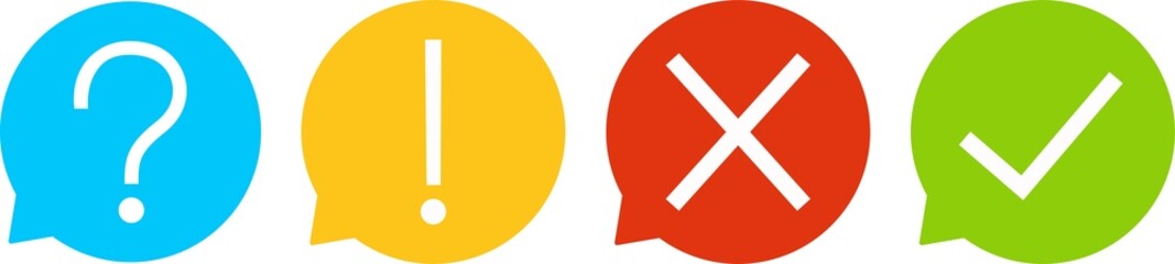 Obraz premium Set of round marks, cross, exclamation and question point, checkmark icons, buttons on white background. 