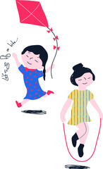 Vector badge design flying a kite and jumping rope in the park