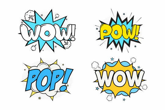 Wow comic blast with blue, white, and yellow color. Pow comic explosion with yellow and blue color. Comic burst with colorful pop and wow. Pop explosion bubbles for cartoon speeches.