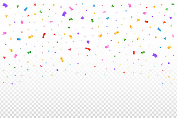 Colorful confetti falling isolated on transparent background. Colorful tinsel falling. Event and birthday party celebration. Festival elements vector. Simple multicolor confetti falling illustration.