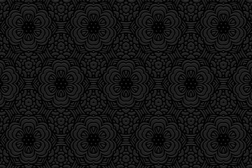 Embossed floral black background design. Artistic geometric ethnic 3D pattern. Motives of the peoples of the East, Asia, India, Mexico, Aztec.
