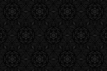 Embossed floral black background design. Elegant geometric ethnic 3D pattern. Motives of the peoples of the East, Asia, India, Mexico, Aztec.