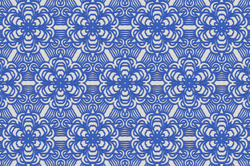 Embossed floral light background design. Geometric blue ethnic 3D pattern. Motives of the peoples of the East, Asia, India, Mexico, Aztec.
