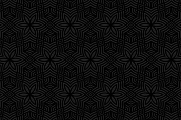 Embossed floral black background design. Geometric stylish ethnic 3D pattern. Motives of the peoples of the East, Asia, India, Mexico, Aztec.