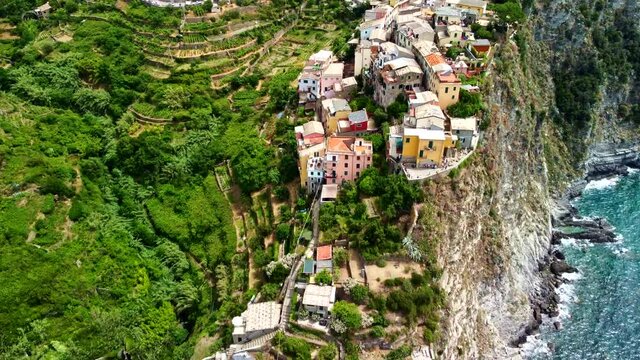 Amazing aerial shot of Cinque Terre Town Corniglia