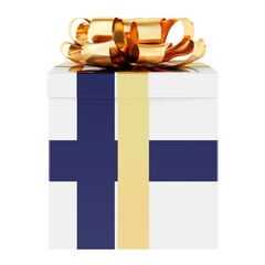 Gift box with Finnish flag. Holiday in Finland, concept. 3D rendering