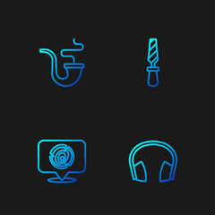 Set line Headphones, Wooden logs, Smoking pipe and Rasp metal file. Gradient color icons. Vector