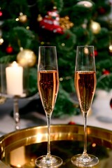 Selective focus glasses of champagne near the new year tree in the new year 2022