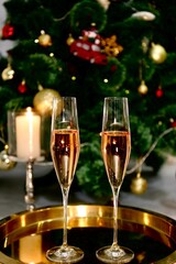 glasses of champagne and christmas tree