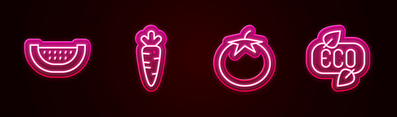 Set line Watermelon, Carrot, Tomato and Leaf Eco symbol. Glowing neon icon. Vector