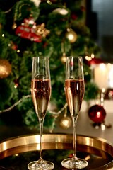 Selective focus glasses of champagne near the new year tree in the new year 2022