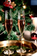 glasses of champagne and christmas decorations