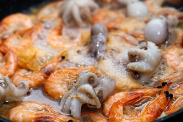 Two kinds of fresh cooking seafood shrimp, octopus
