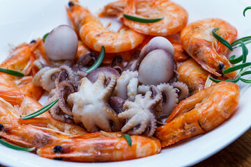 Two kinds of fresh cooking seafood shrimp, octopus