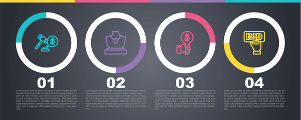 Set line Auction hammer price, jewelry sale, Hand holding auction paddle and Bid. Business infographic template. Vector