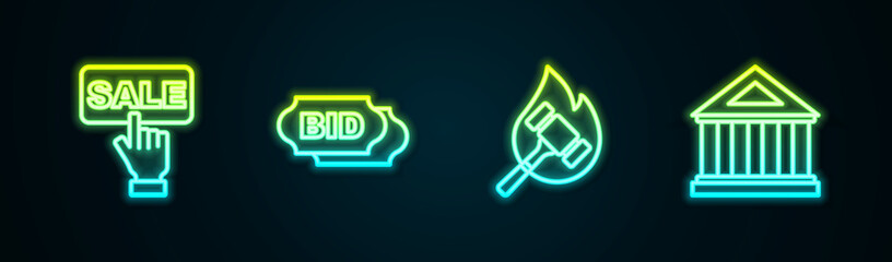 Set line Price tag with Sale, Bid, Auction hammer and Museum building. Glowing neon icon. Vector