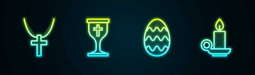 Set line Christian cross on chain, chalice, Easter egg and Burning candle candlestick. Glowing neon icon. Vector