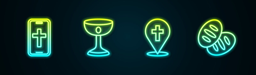 Fototapeta premium Set line Christian cross on phone, chalice, Location church building and bread. Glowing neon icon. Vector