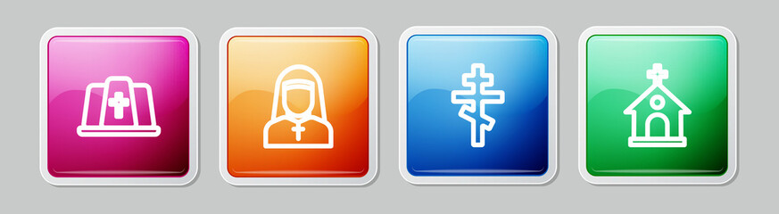 Set line Pope hat, Nun, Christian cross and Church building. Colorful square button. Vector