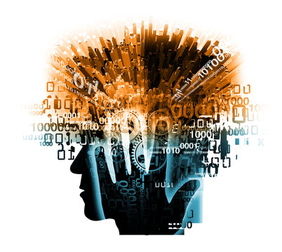 
Explosion of Brain, overworked man, computer expert. 
Illustration of stylized male head with destroyed binary codes and gear.