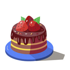 Chocolate cake with strawberries. Festive sweet cupcake with berries on a white background for a postcard.