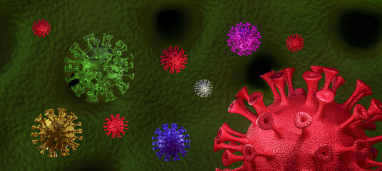 Monkeypox virus, omicron or other x mutating virus concept and new coronavirus x variant outbreak or covid-19 viral cell mutation and influenza green background. Cells as a 3D illustration, 3D render.