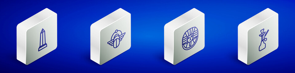 Set Isometric line Obelisk of Alexandria, Egyptian Scarab, pharaoh and Hookah icon. Vector