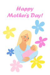 Mothers Day card. Mother with baby child. Woman with newborn. Parent holds child in her arms. Stock vector flat cartoon illustration isolated on white background.