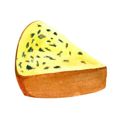 watercolor illustration a cut piece of cheese for serving on the table is suitable for decorating restaurant menus, creating patterns of wrapping paper and fabric