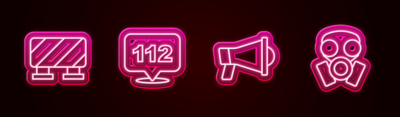 Set line Road barrier, Emergency call, Megaphone and Gas mask. Glowing neon icon. Vector