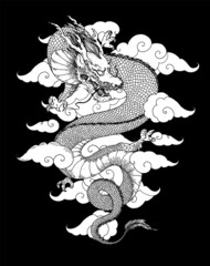 Chinese red dragon with clouds hand drawn vector illustration. Tattoo print. Hand drawn sketch illustration for t-shirt print, fabric and other uses.