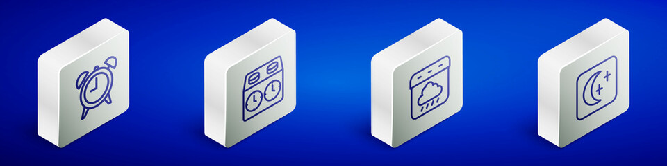 Set Isometric line Alarm clock, Time chess, Calendar autumn and Moon and stars icon. Vector
